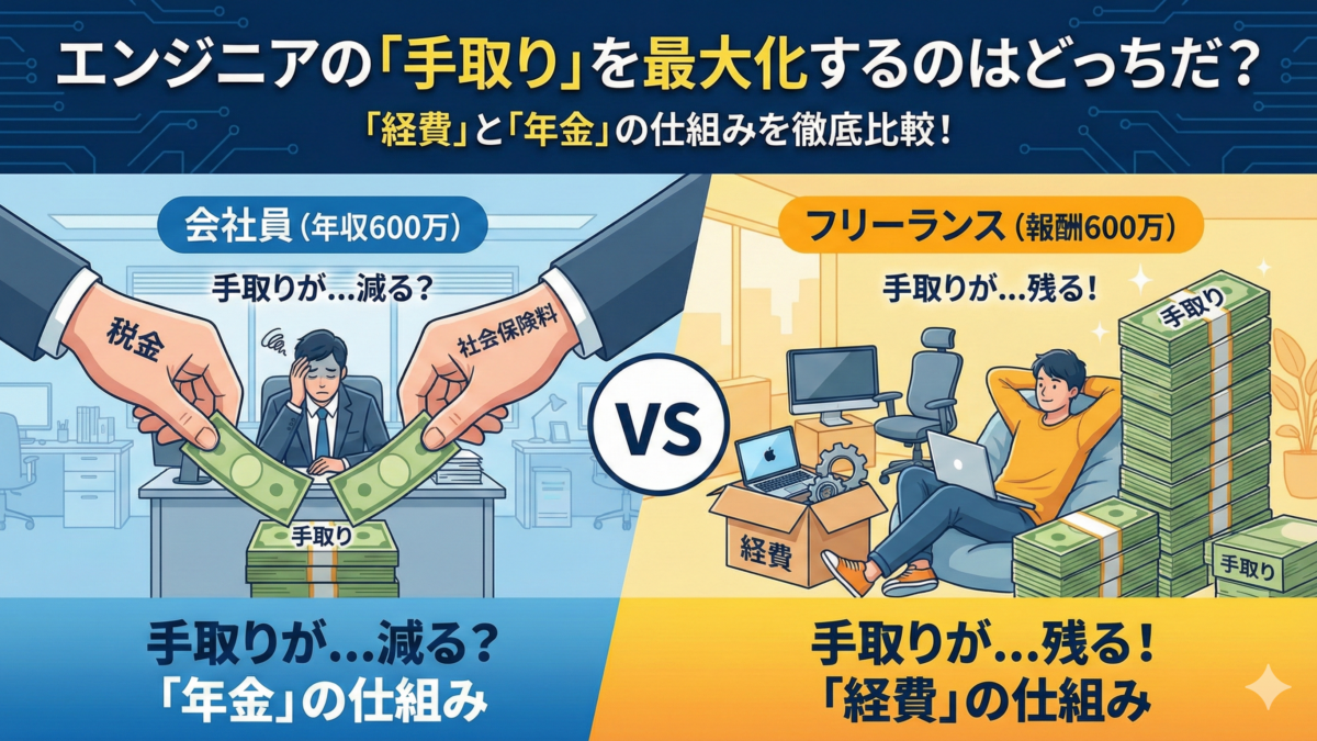 【最終結論】会社員(年収600万)VSフリーランス（報酬600万）。エンジニアの「手取り」を最大化するのはどっちだ？「経費」と「年金」の仕組み